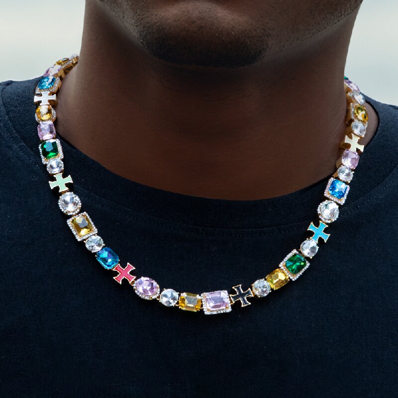 10mm Multicolored Diamonds Enamel Cross Bracelet&Necklace Set in Gold